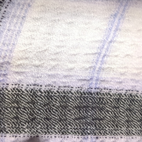 DEX* white black purple plaid crepe like long sleeve button front blouse tunic - Picture 12 of 13